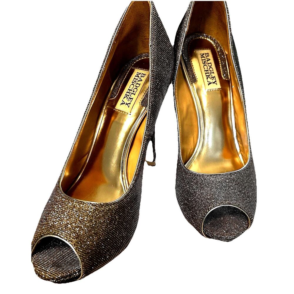 GOLD BLING Badgley Mischka open toe high heels 7.5 Y2K Hollywood glam prom